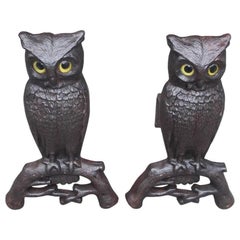 Pair of American Cast Iron Perched Owl Andirons, Boston, Circa 1900