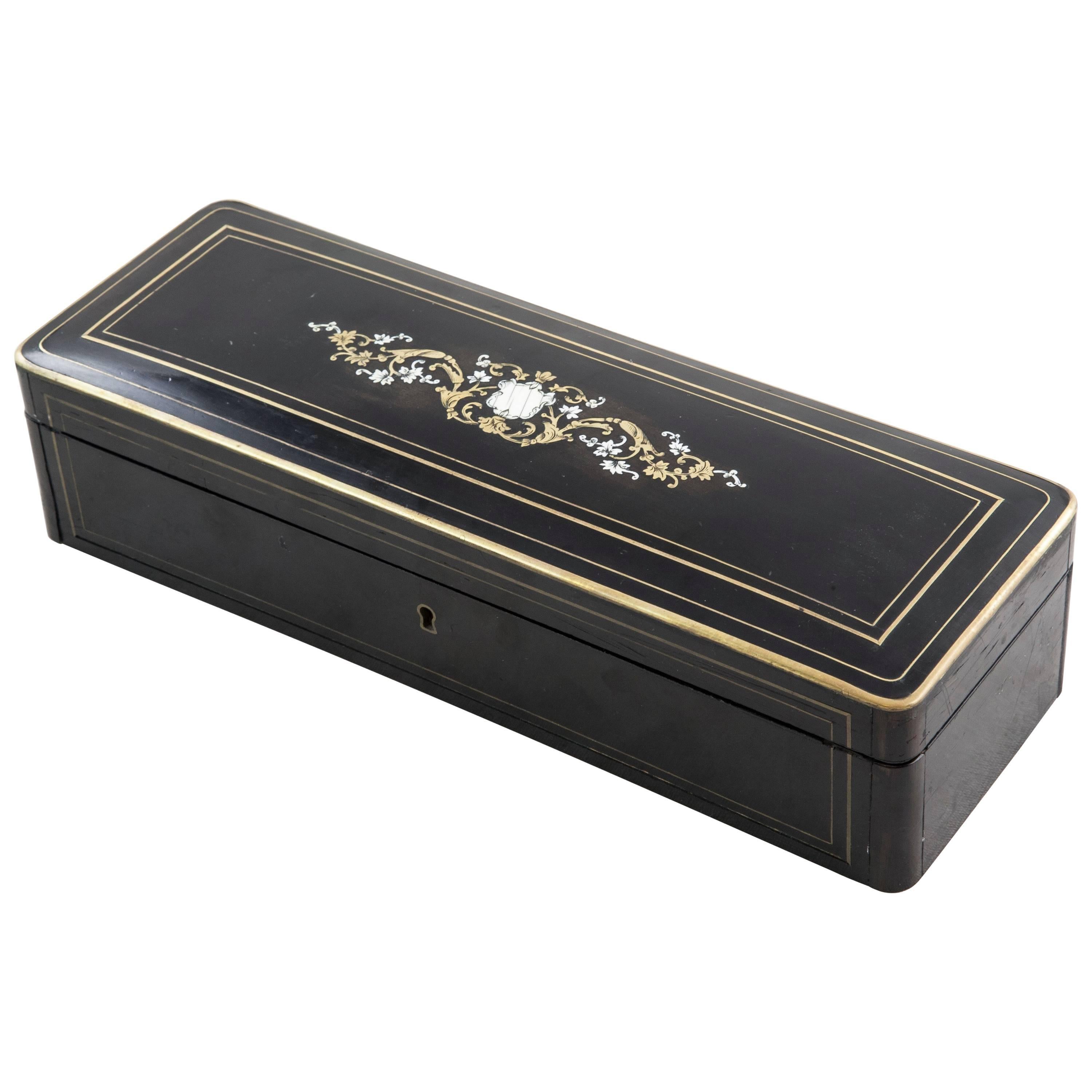 19th Century Napoleon III Period Black Lacquer and Bronze Marquetry Jewelry Box
