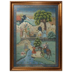Antique Framed Gilt Decorated Assam Painting of Village Scene