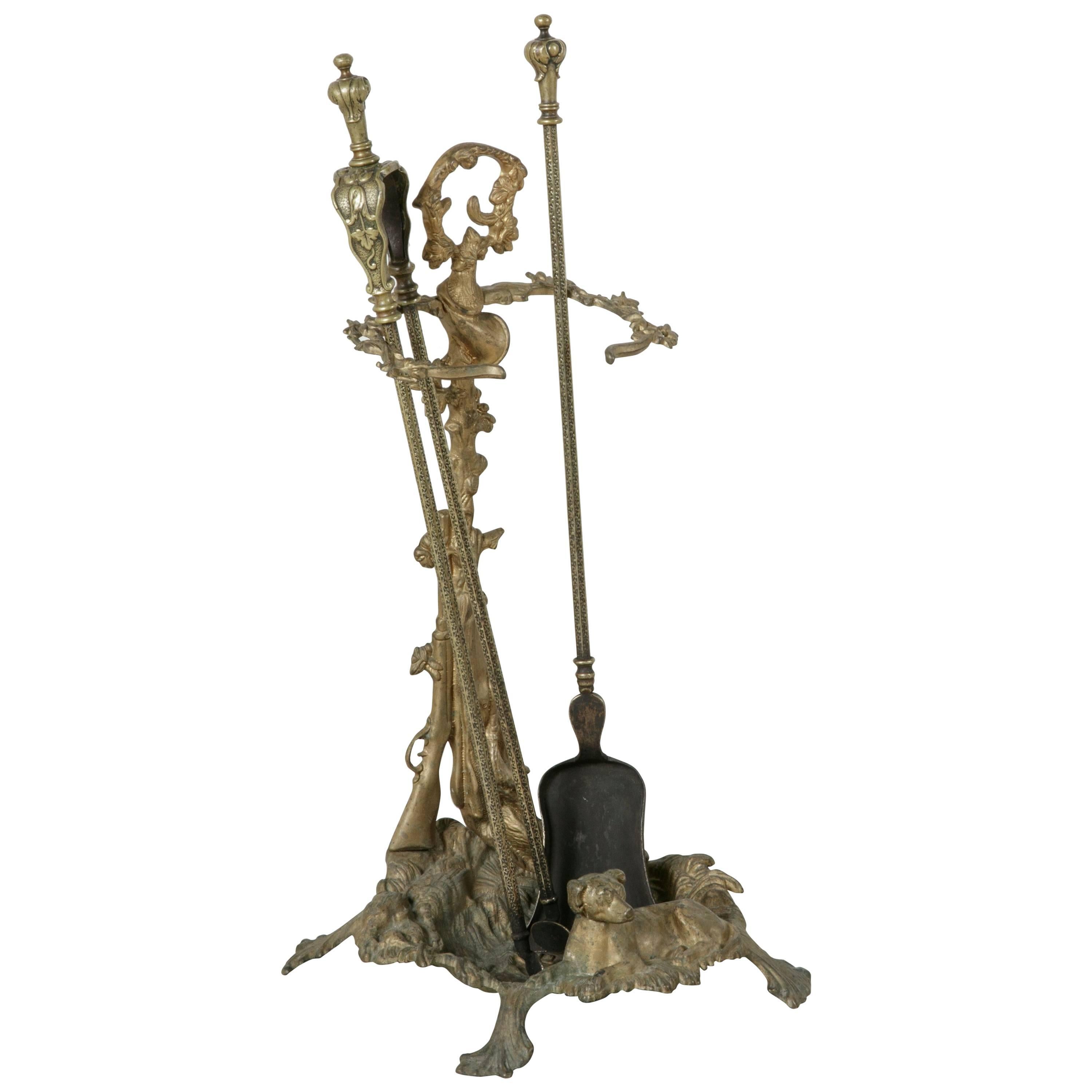 Bronze Fireplace Tools with Dog and Hunting Motif, Stand Shovel and Tongs