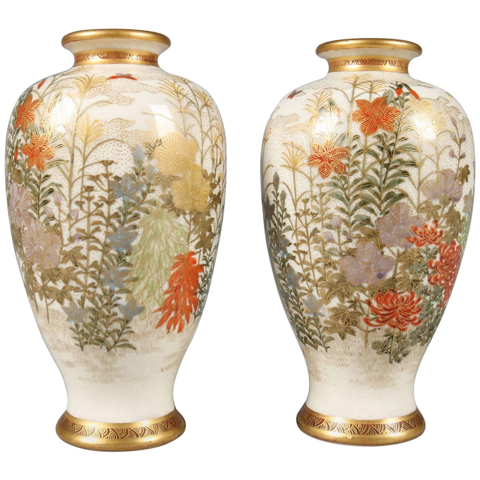 Pair of Antique Japanese Gilt 
Hand-Painted Satsuma Cabinet Vases, circa 1900