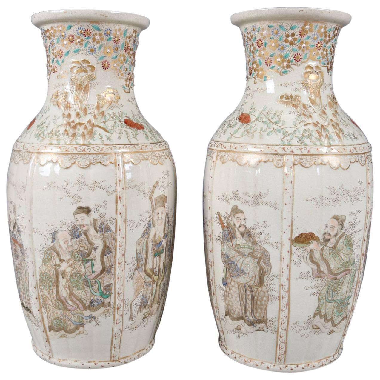 Pair of Antique and Fine Japanese Gilt Satsuma Meiji Pottery Vases, Wise Men