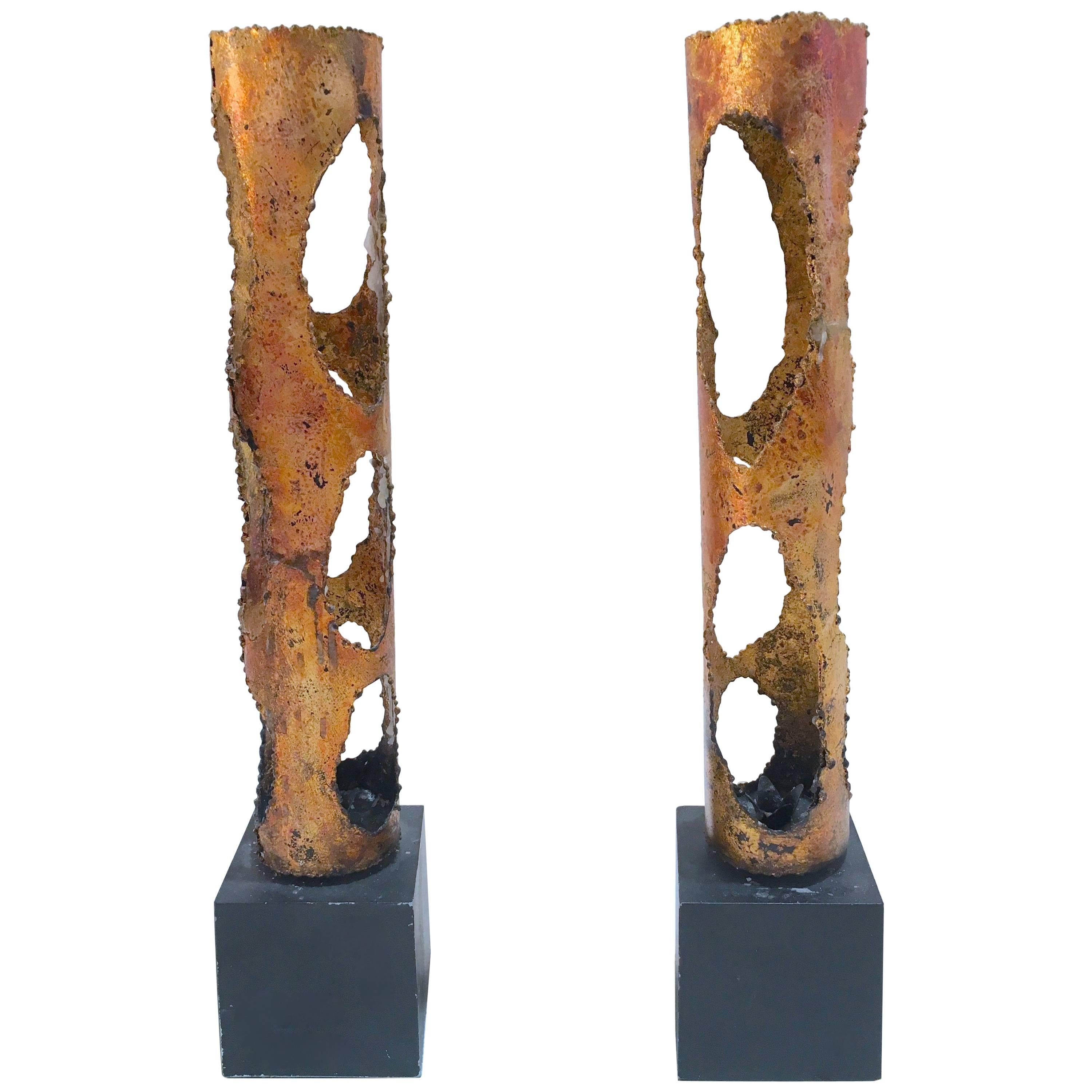 Pair of Torch Cut Candle Holders in the Manner of Tom Greene For Sale