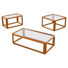 Solid Teak and Glass Cubist Architectural Living Room Coffee Table End Table Set