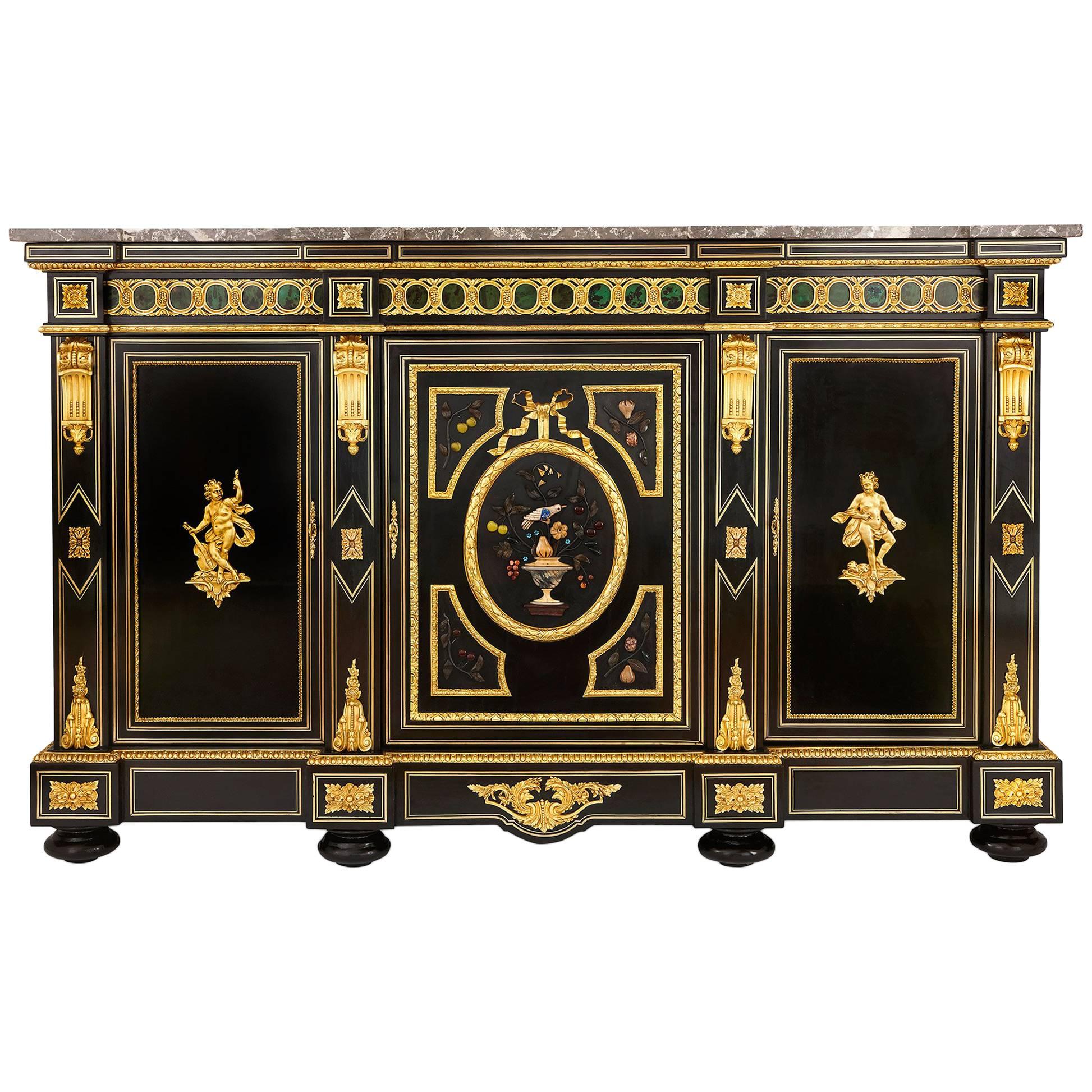 Napoleon III Period Marble, Hardstone, Ebonized Wood and Ormolu-Mounted Cabinet