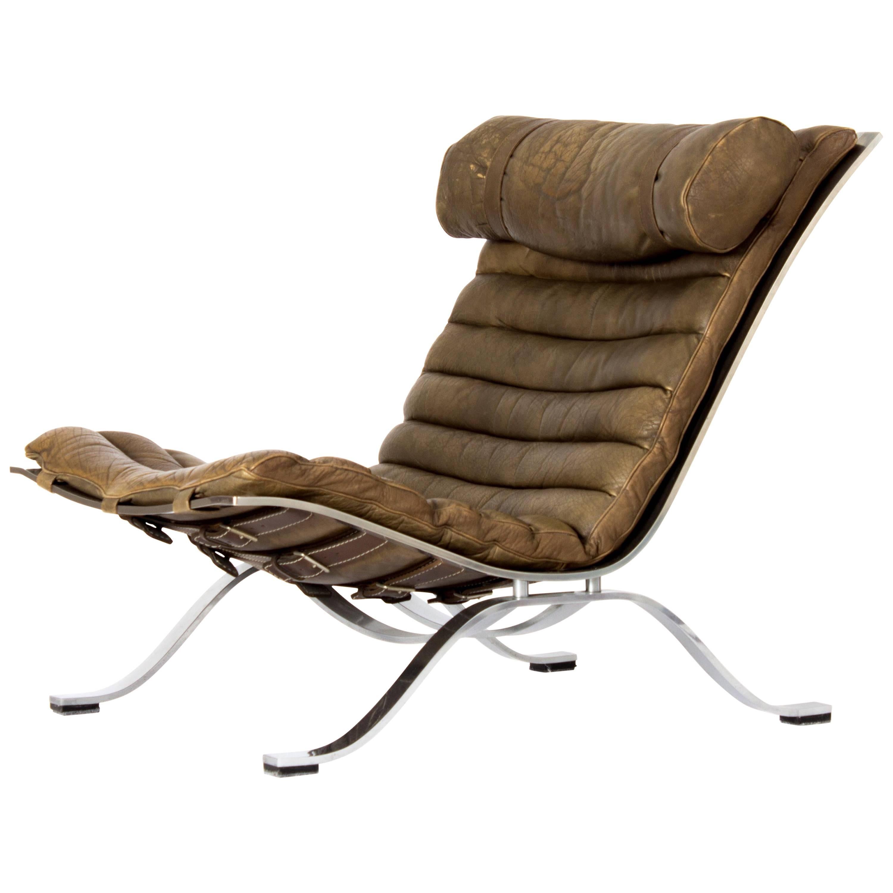 Ari Lounge Chair by Arne Norell in Patinated Brown / Olive Leather Sweden, 1960s