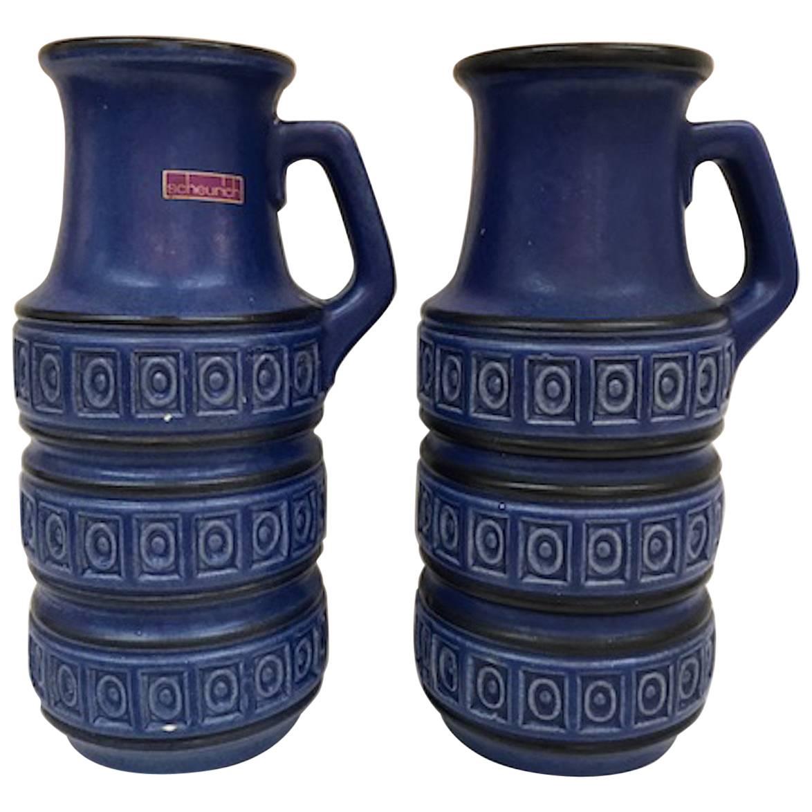 Pair of Scheurich Keramic 1950s Indigo Blue Jug Vases