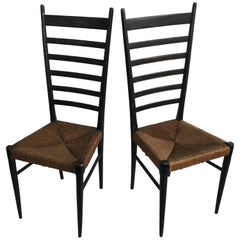 Pair of Tallback 1950s Italian Rush Seat Occasional Chairs