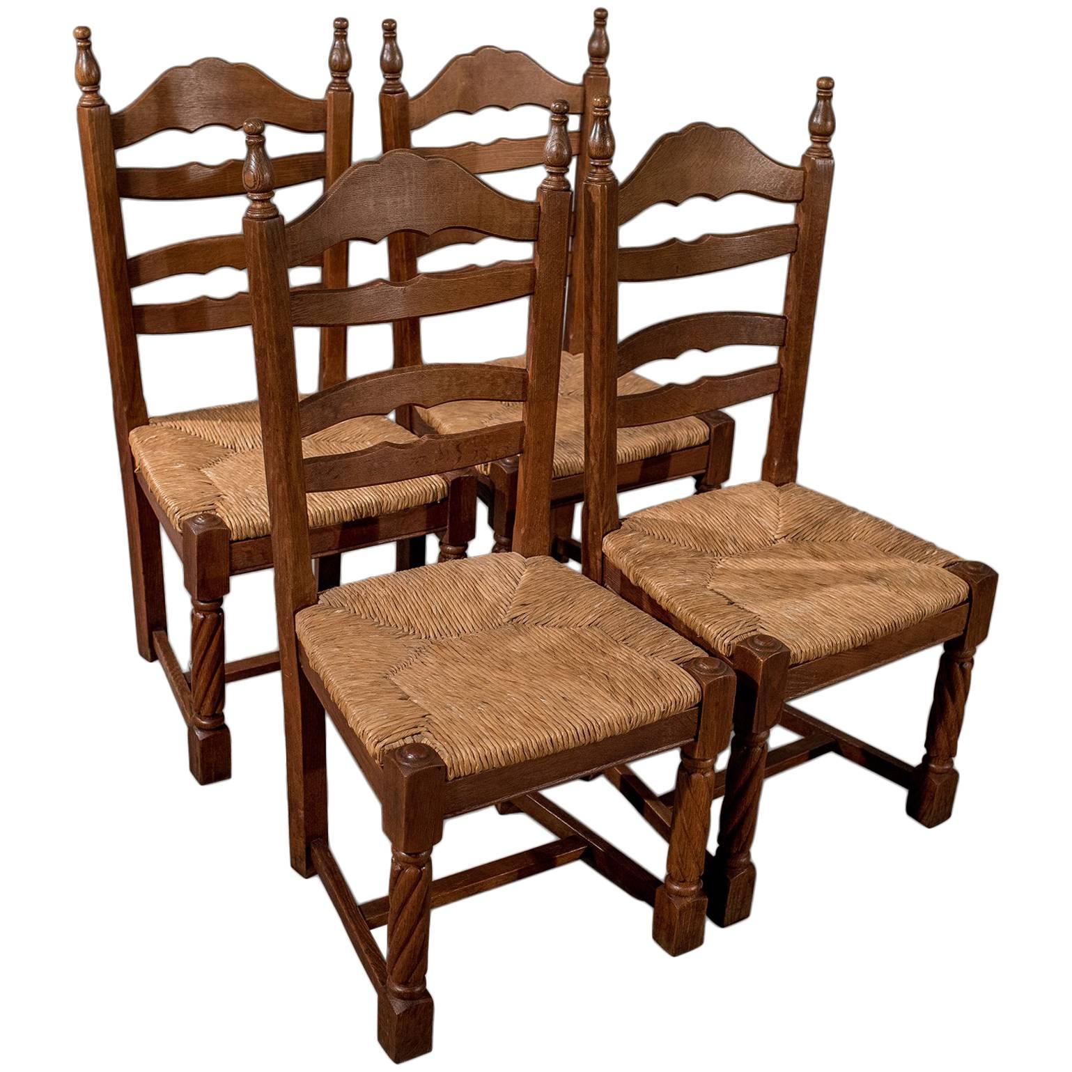 Quality Set of Four French Solid Oak Country Kitchen Dining Chairs Rush Seats