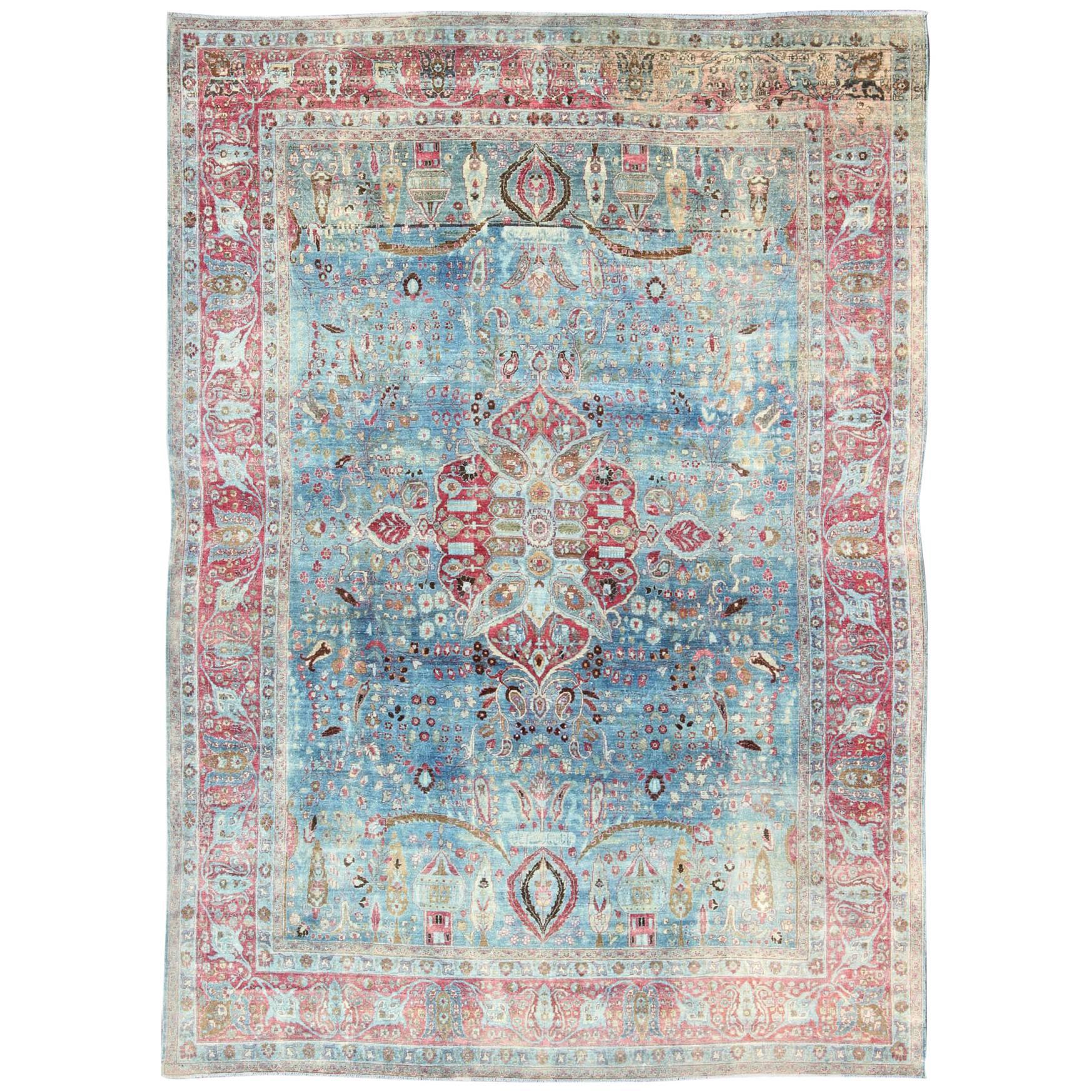 Early 20th Century Blue Background Antique Persian Khorassan Rug with Medallion For Sale