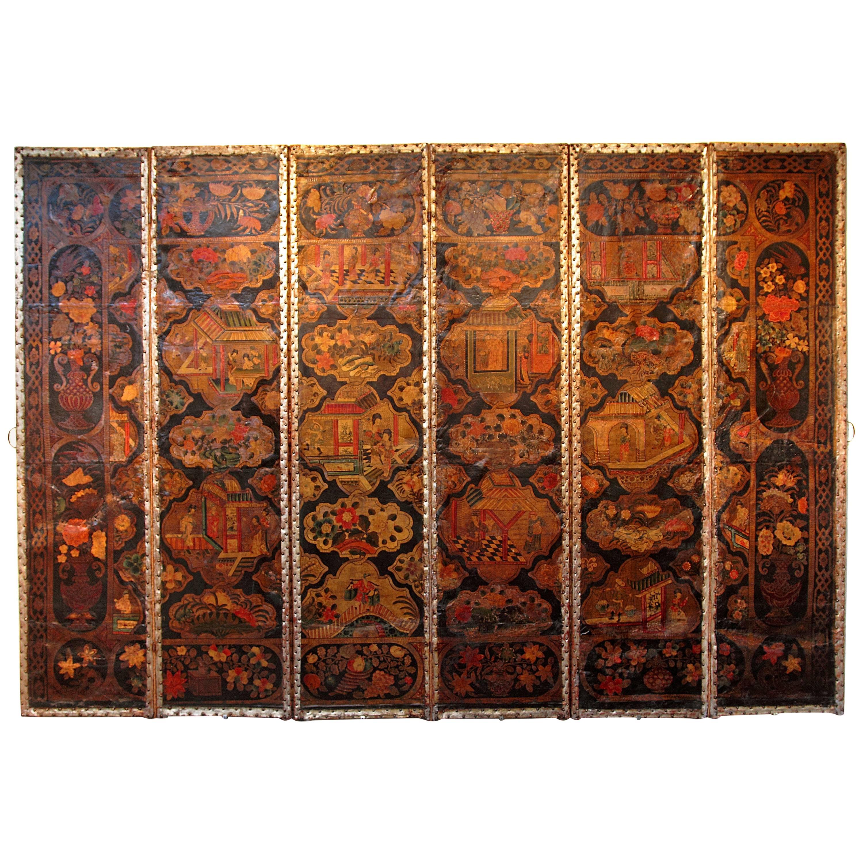 Large Chinoiserie Six-Panel Painted Leather Screen