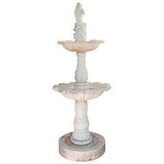 Retro Two-Tiered Fountain of White Marble with Spitting Fish / Carp