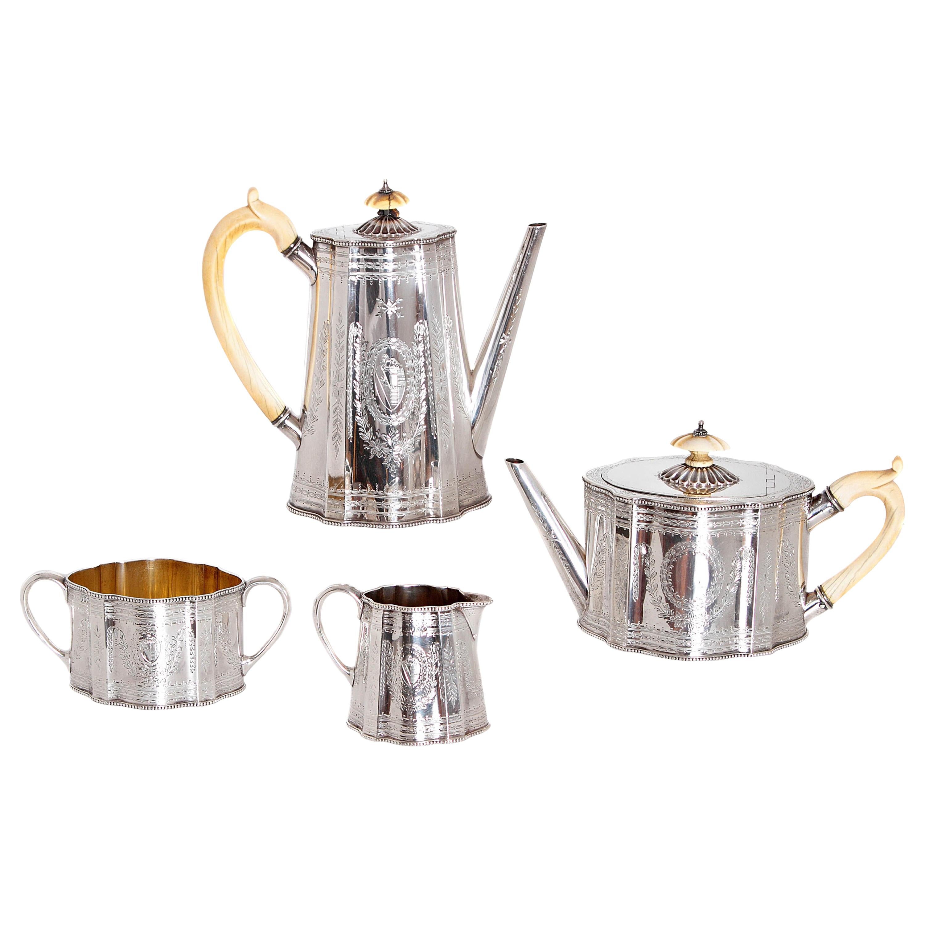 19th Century English Sterling Silver 4-Piece Coffee and Tea Service