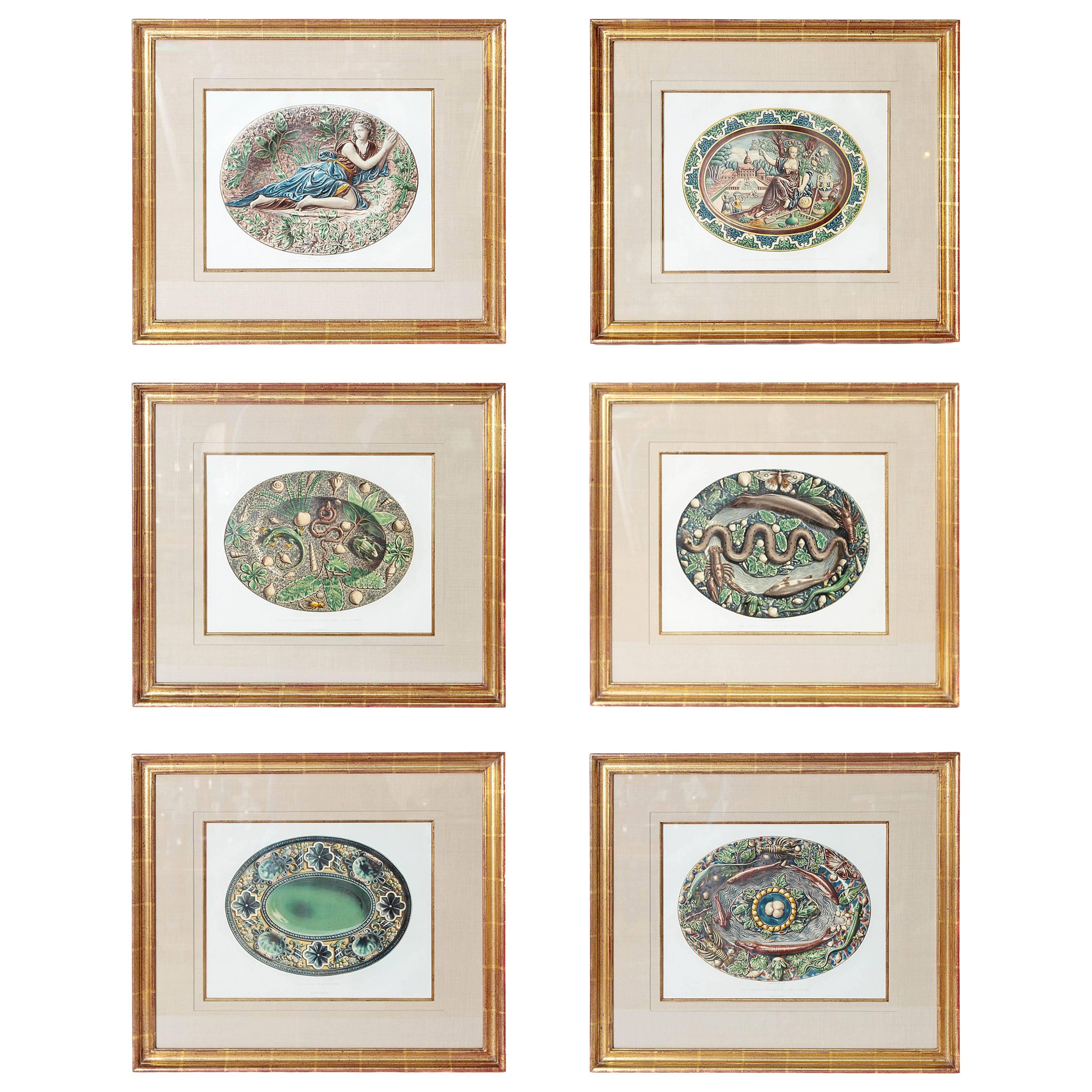 Set of Six Hand-Colored Palissy Ware Lithographs by Rose-Joseph Lemercier