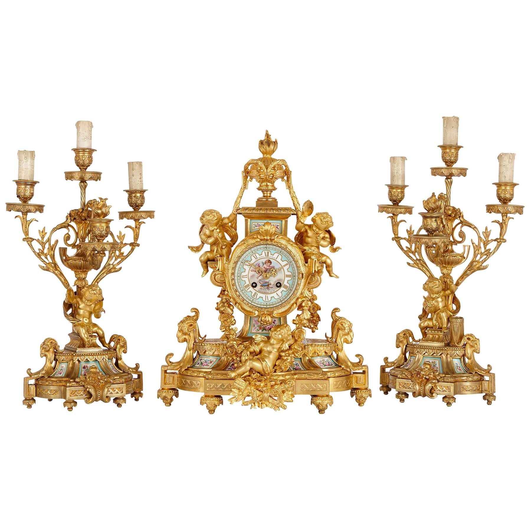 Antique French Gilt Bronze and Sèvres Style Porcelain Three-Piece Clock Set