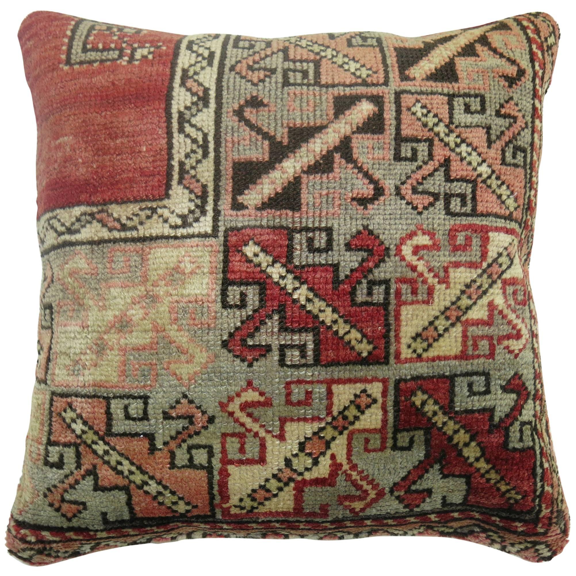 Large Square Red Vintage Turkish Rug Pillow