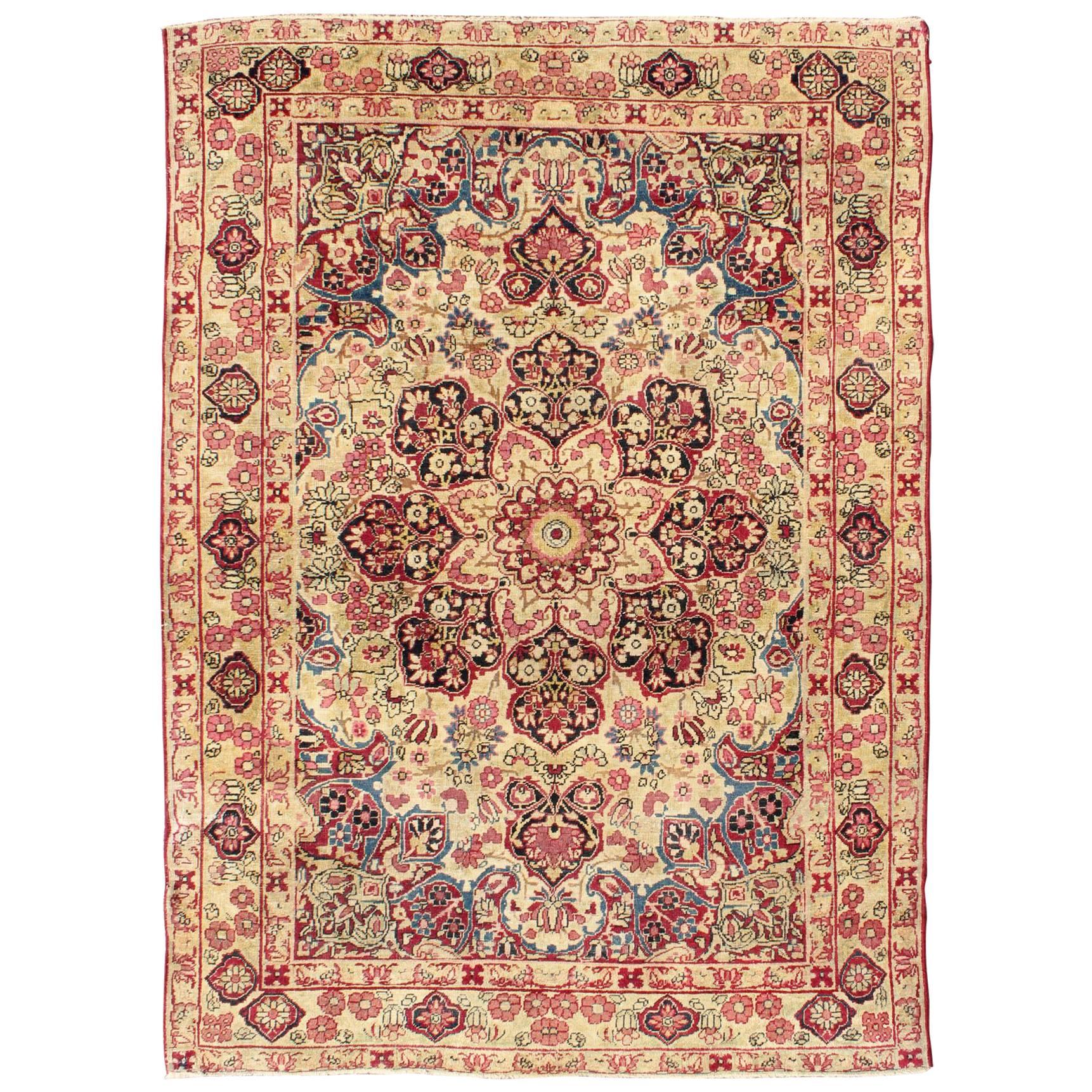 Late 19th Century Antique Lavar-Kerman Rug with Red and Pink Floral Medallion For Sale