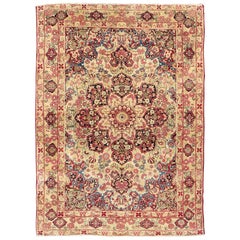 Late 19th Century Antique Lavar-Kerman Rug with Red and Pink Floral Medallion