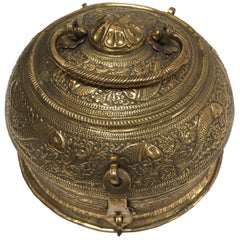 Used Decorative Large Round Brass Box Caddy 19th C, North India