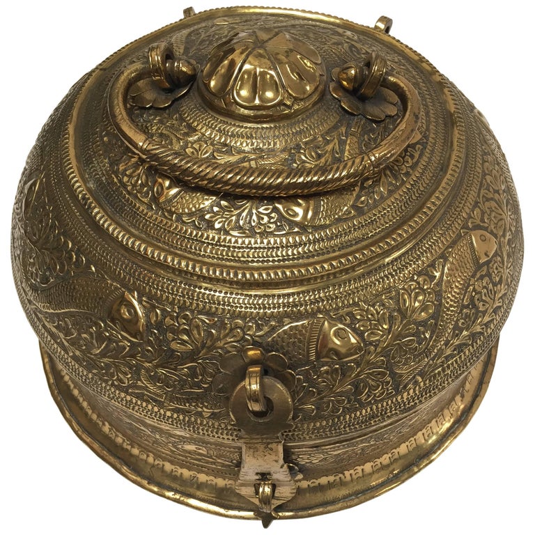 Decorative Large Round AngloIndian Brass Box Tea Caddy For Sale at 1stdibs