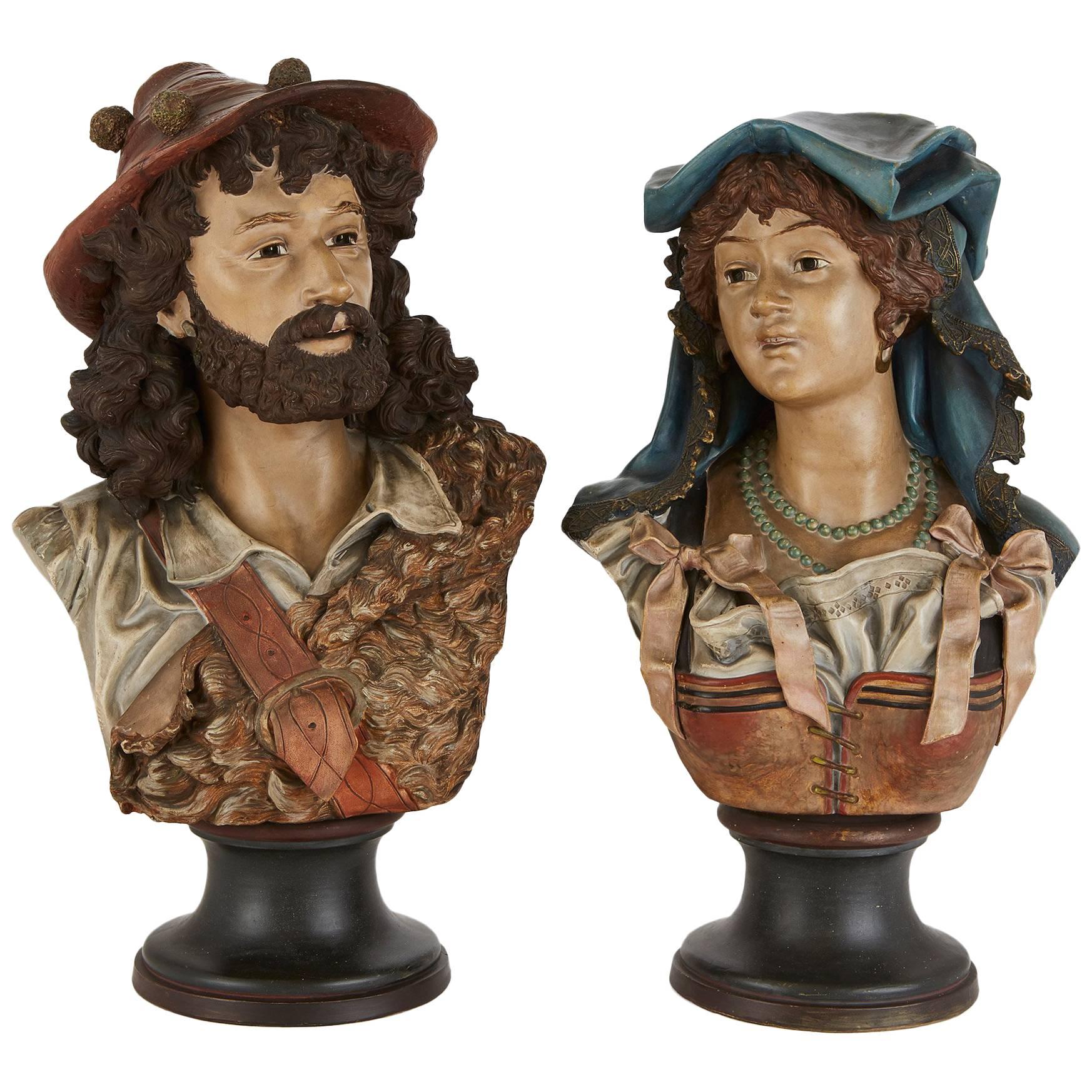 Pair of Antique Tyrolean Terracotta Busts of a Bavarian Man and Woman