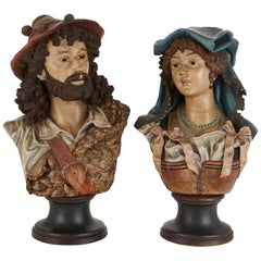 Pair of Antique Tyrolean Terracotta Busts of a Bavarian Man and Woman