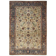 All-Over Floral Design Antique Persian Tabriz in Navy, Cream, Red, Gold and Blue