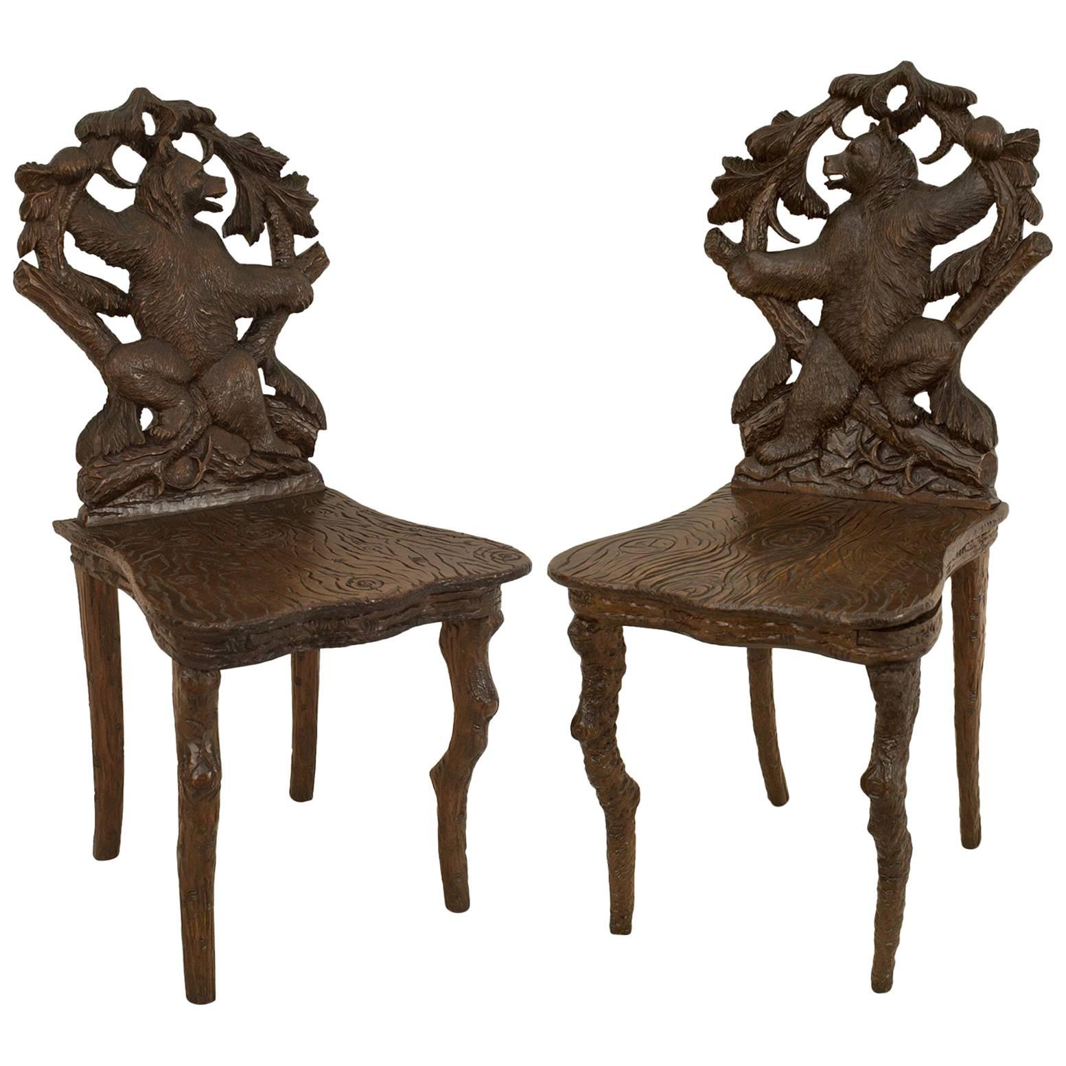 Pair of Rustic Black Forest Walnut Bear Side Chairs For Sale