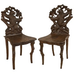 Vintage Pair of Rustic Black Forest Walnut Bear Side Chairs