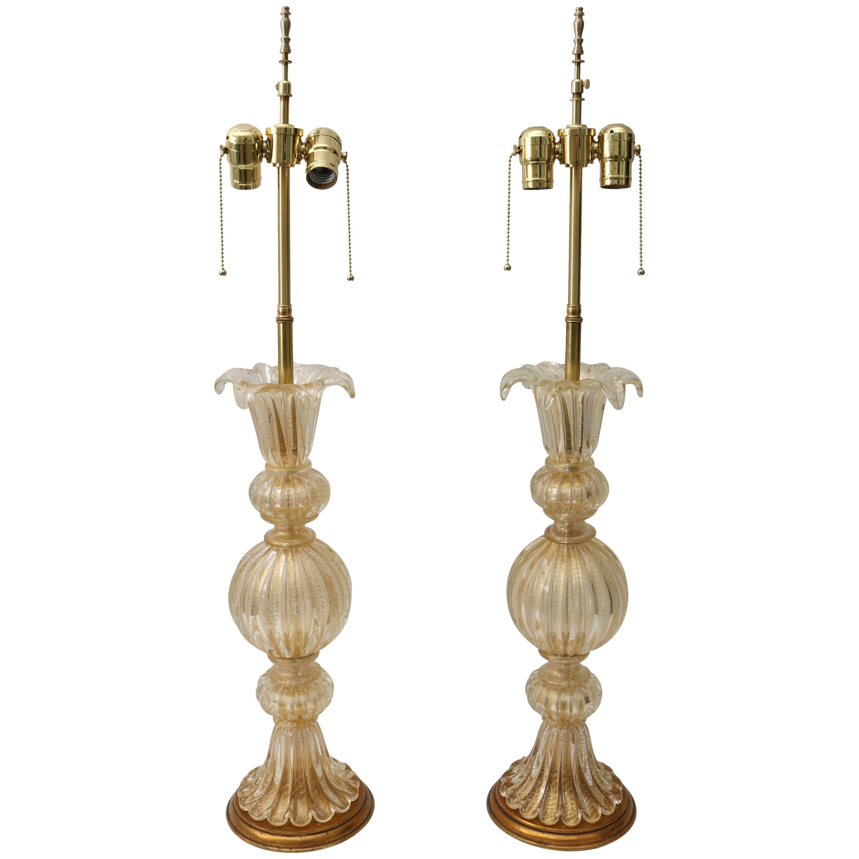 Pair of Barovier Et Toso Murano Glass Lamps in Clear Gold Coloration