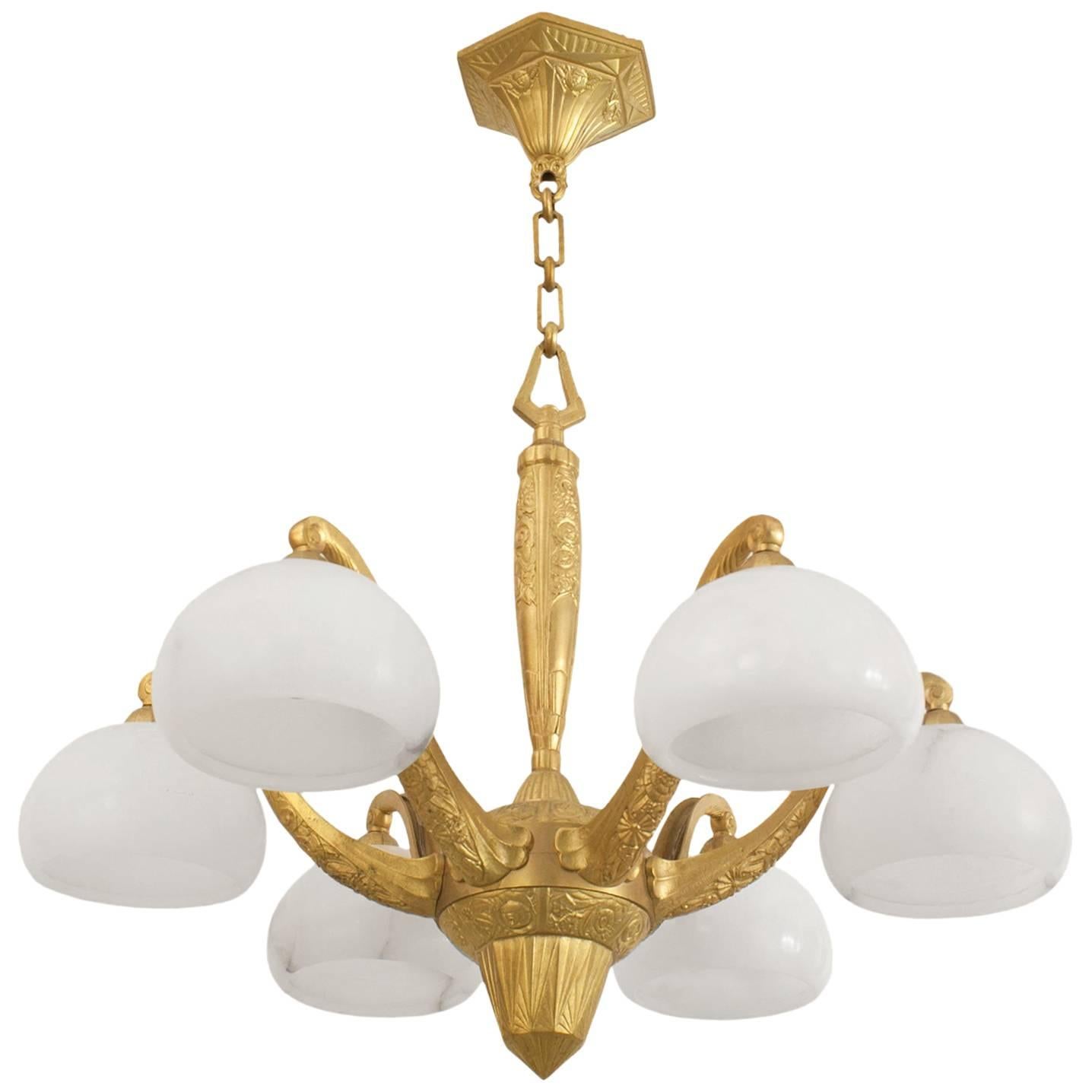 Sue et Mare French Art Deco Bronze and Glass Chandelier For Sale