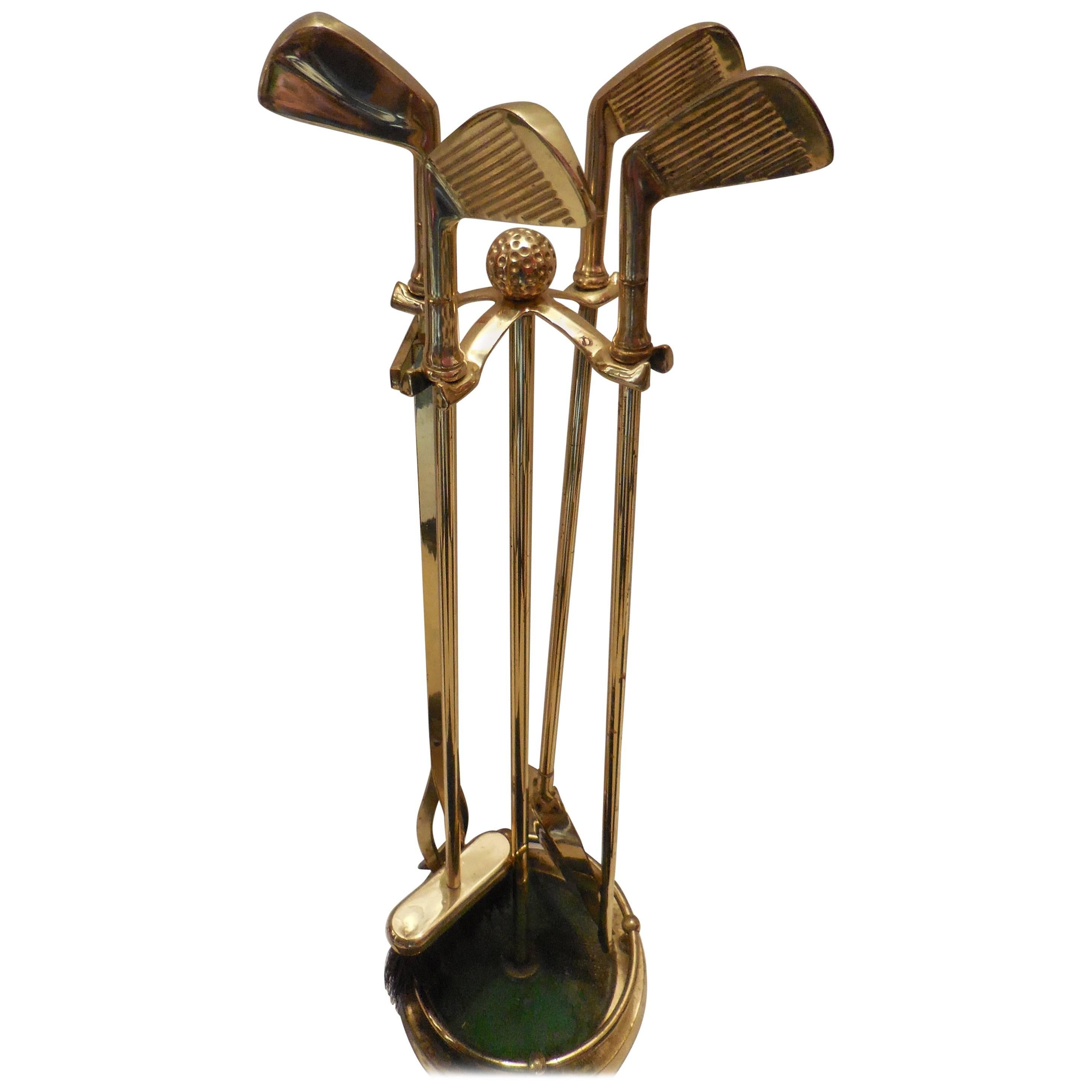 Set of Artisan Golf Club Themed Brass Fireplace Tools For Sale