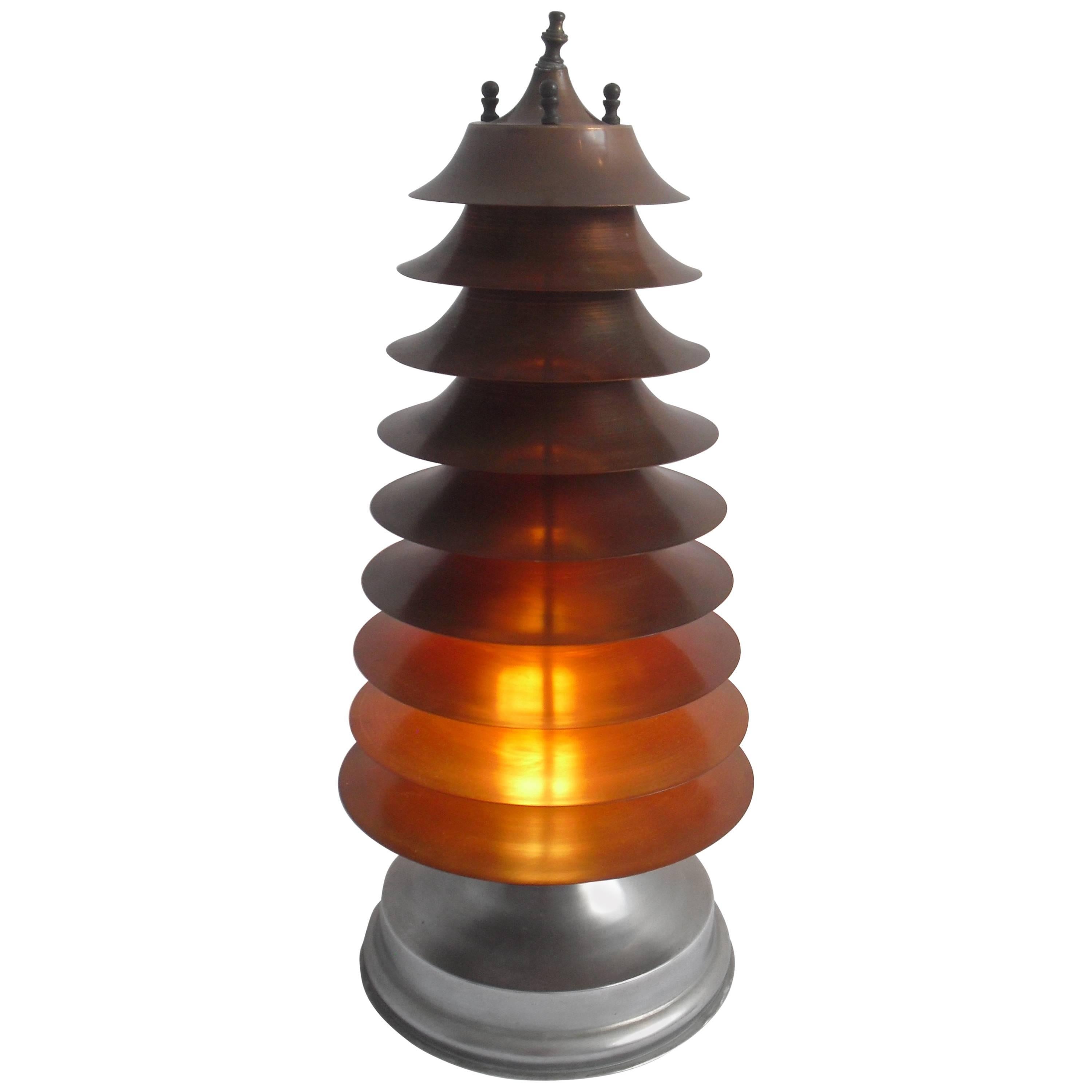 Rare Art-Deco Machine Age Nine-Tier Copper Pagoda Table Lamp