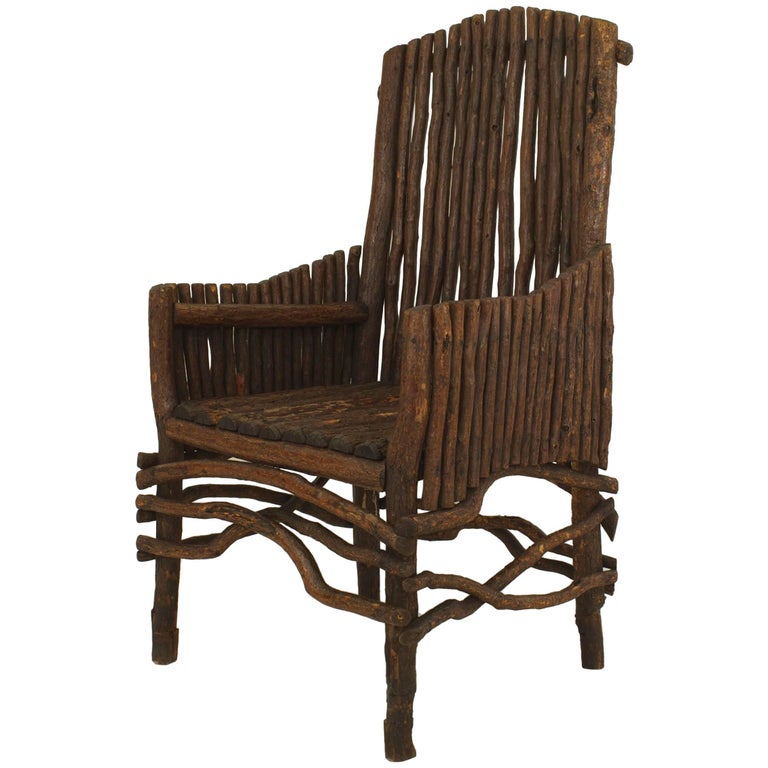 American Rustic Adirondack Slat Twig Design Armchair For 