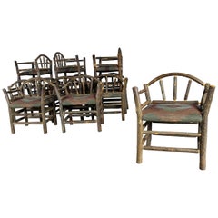 Vintage Old Hickory Style Rustic Hickory Dining Chairs with Arms Set of Twelve