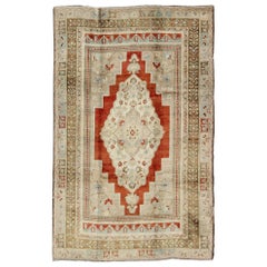Central Medallion Vintage Turkish Oushak Rug in Ivory, Red, Green and Blue