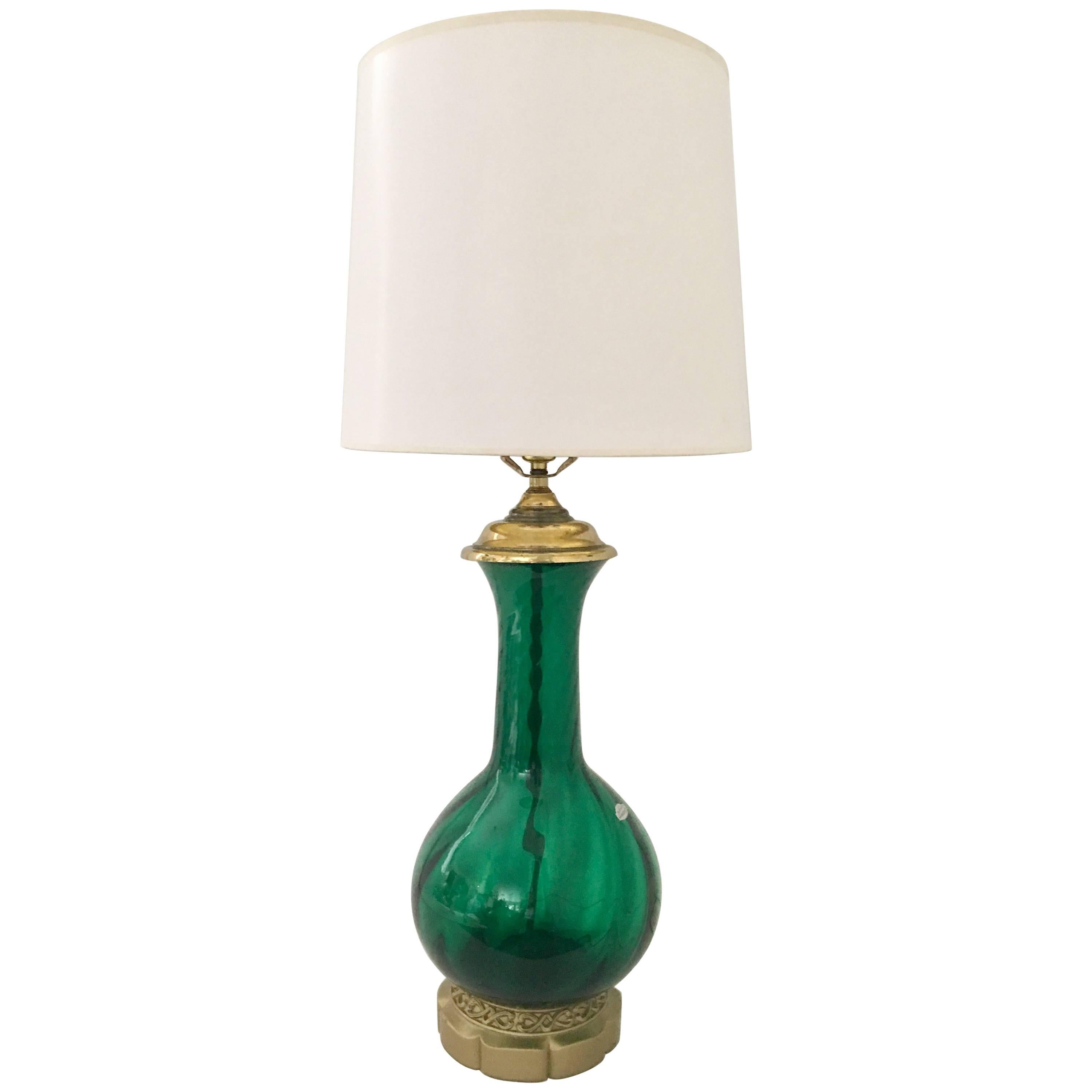 Mid-Century Blenko Glass Optic Emerald Green & Brass Lamp For Sale