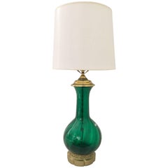 Mid-Century Blenko Glass Optic Emerald Green & Brass Lamp
