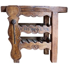 19th Century Rustic French Carpenter Press Table with Wine Bottles Storage Rack