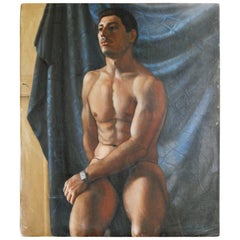 "Male Nude with Tank Watch, " Striking Art Deco Oil Painting, 1930s