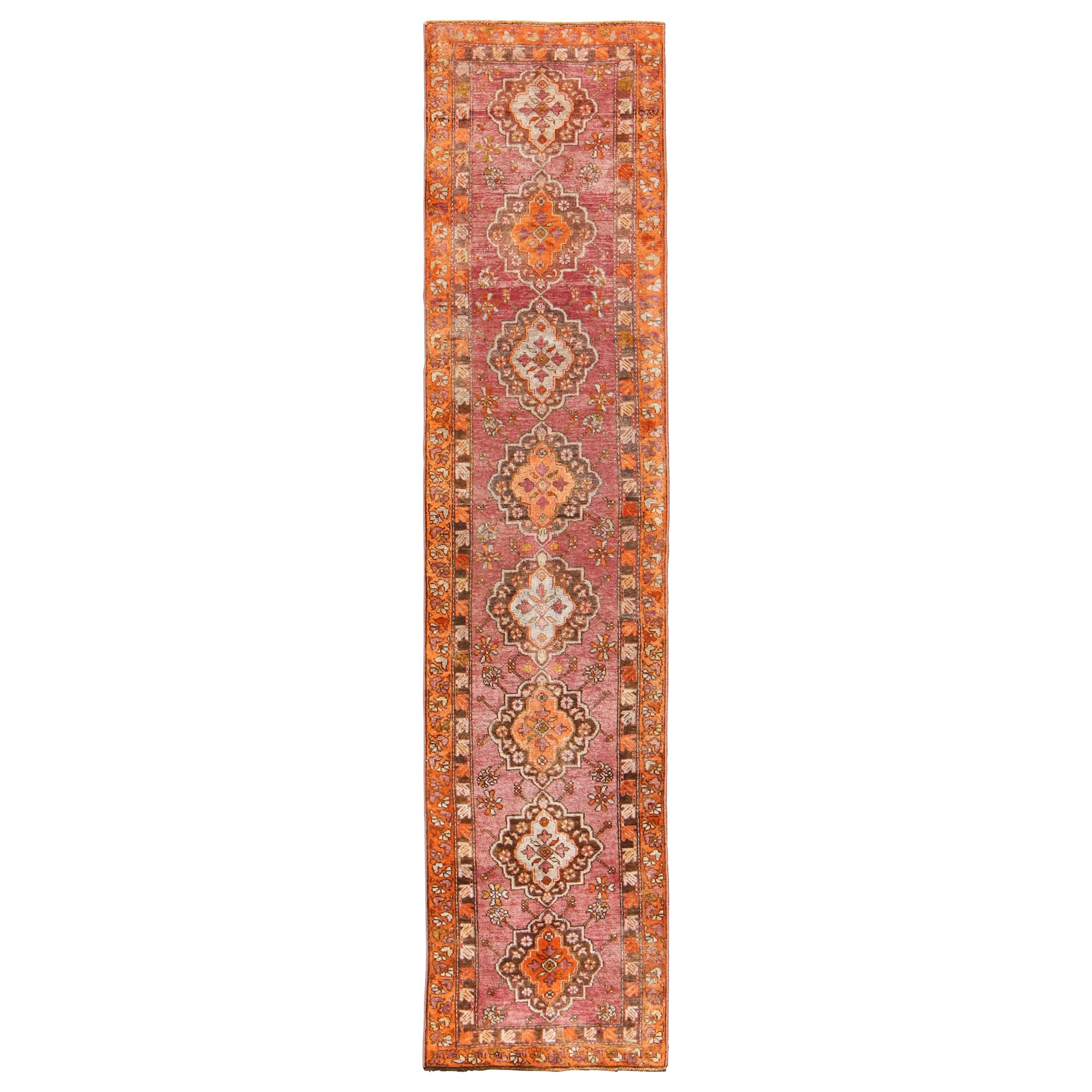 Antique Turkish Oushak Runner with Layered Floral Medallions and Ornate Borders