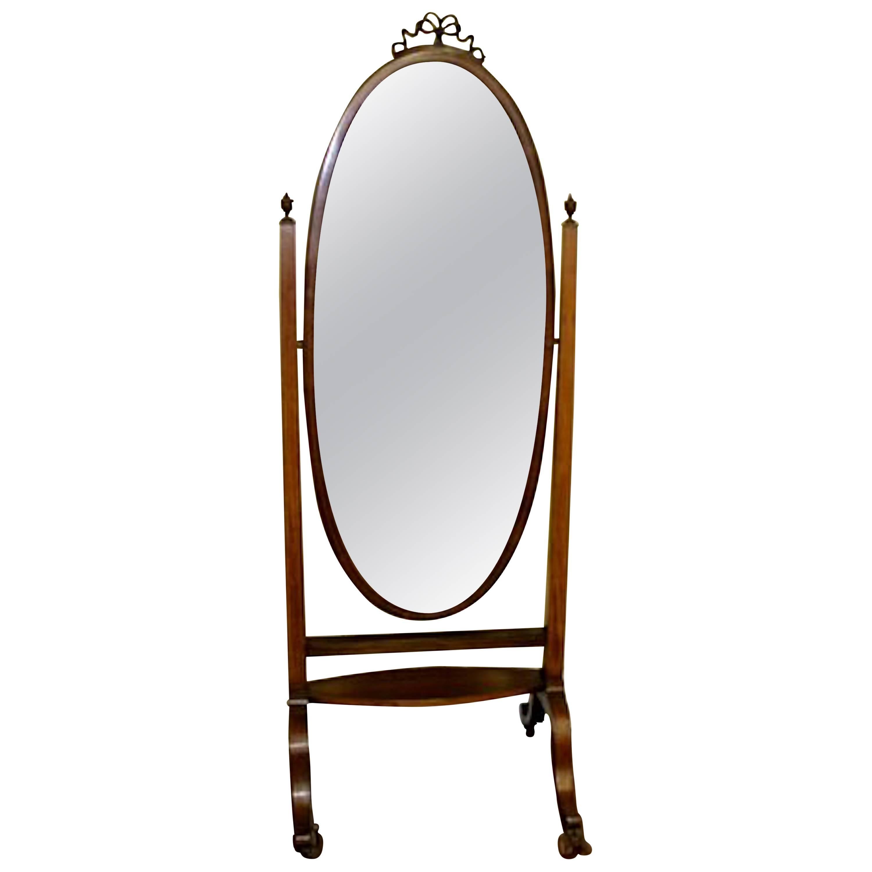 Antique English "Adam" Style Inlaid Mahogany Adjustable Cheval Mirror