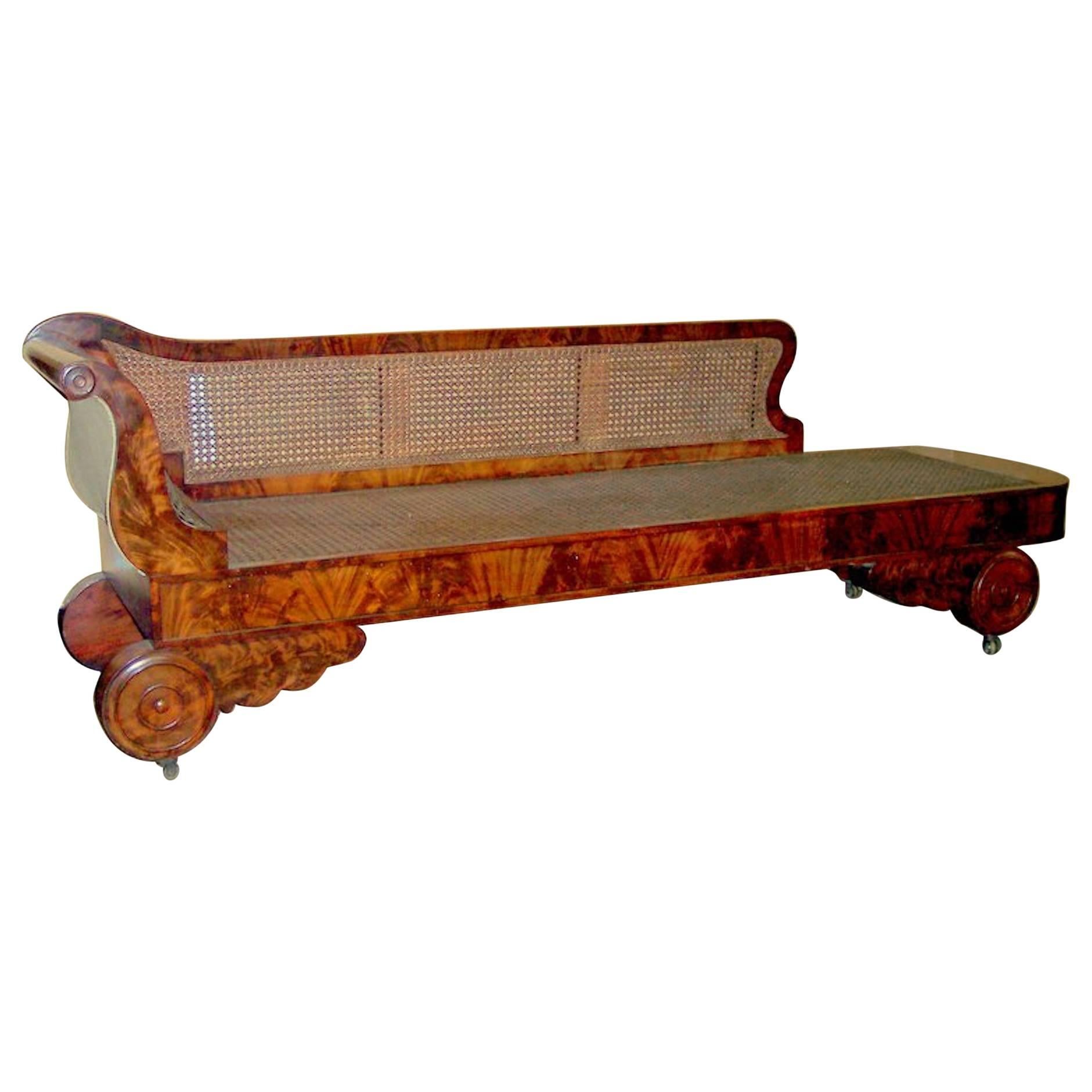 Antique American Flame Mahogany and Cane Empire Period Recamier or Chaise Longue For Sale