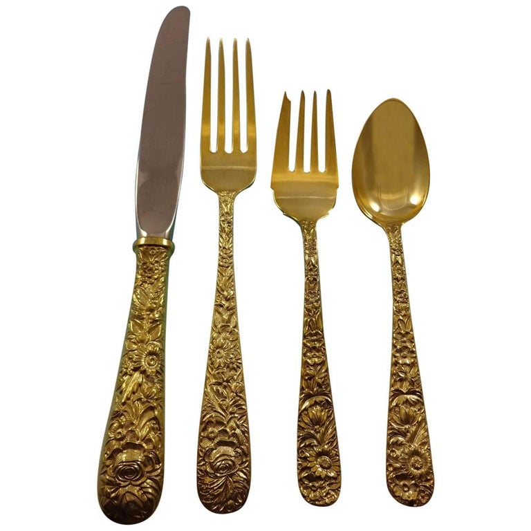Repousse Gold by Kirk Sterling Silver Flatware Service 12 Set