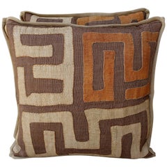 Brown, Wheat and Orange Colored Kuba Cloth Pillows, Pair