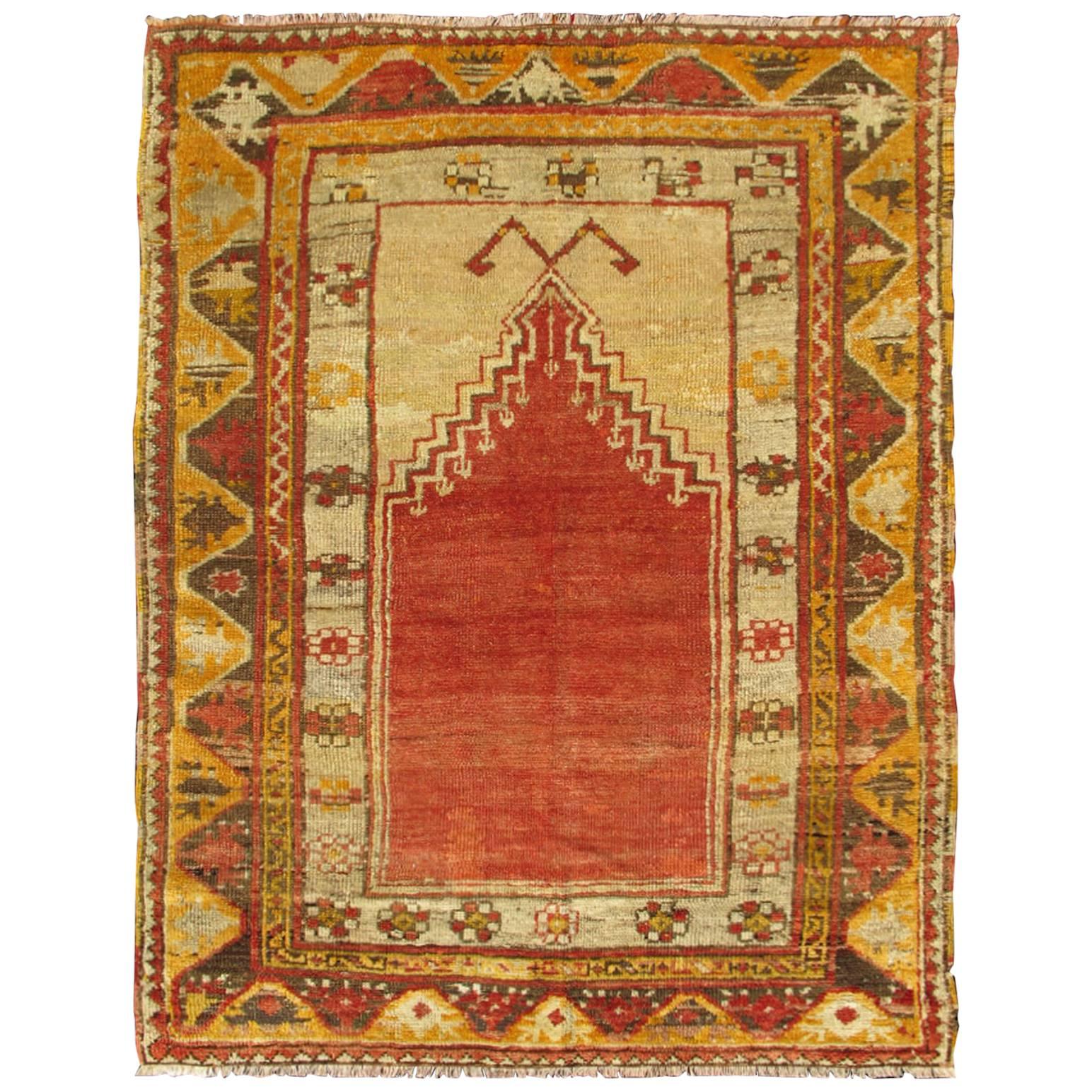Antique Turkish Oushak Prayer Rug in Red, Ivory, Brown, Orange and Yellow, 1910