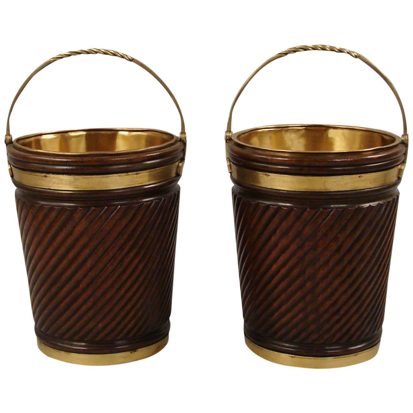 Pair of English Georgian Style Mahogany Peat Buckets with Liners