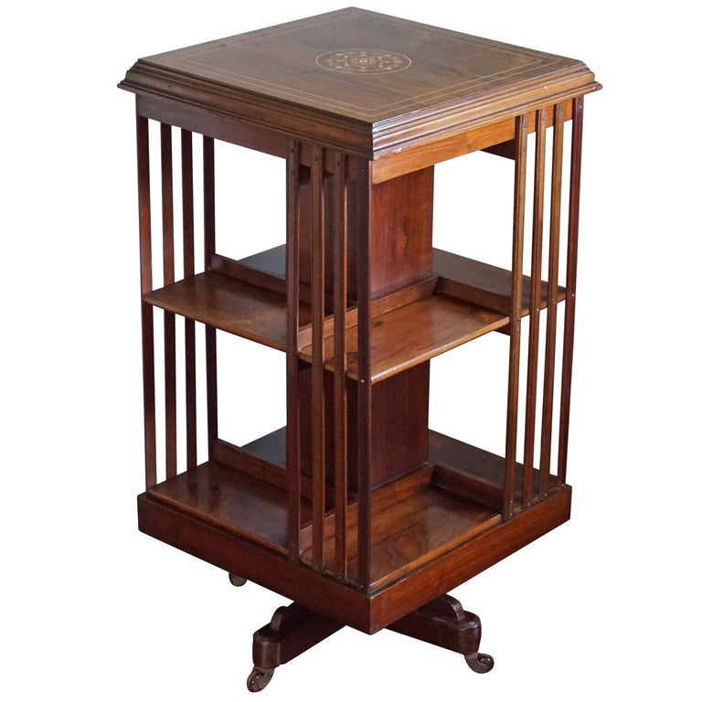Antique Rosewood Revolving Bookcase Inlaid with a Rosette of Bone and