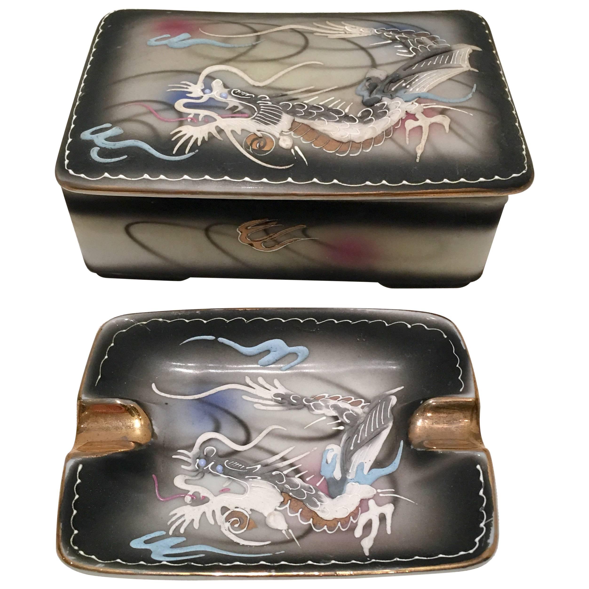 Midcentury Porcelain Hand-Painted Dragonware Smoking S/3