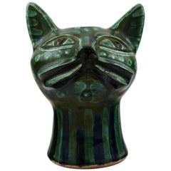 Vintage Helge Christoffersen Unique Figure of Cat Head, High Quality Ceramic Sculpture